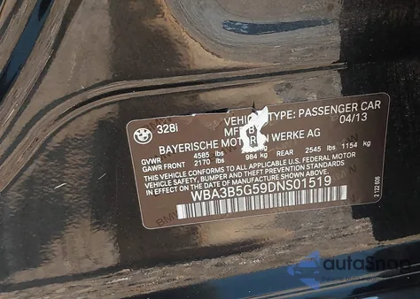 2013 BMW 328I xDrive из США, поврежденный, VIN WBA3B5G59DNS01519